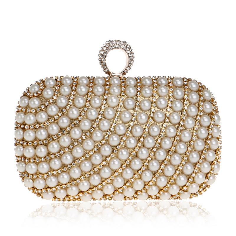 

Evening Bags Metal Diamonds Beaded Clutch Bag Chain Shoulder Women Handbags Pearl Rhinestones Party Holder Purse YM1023Evening, Beige