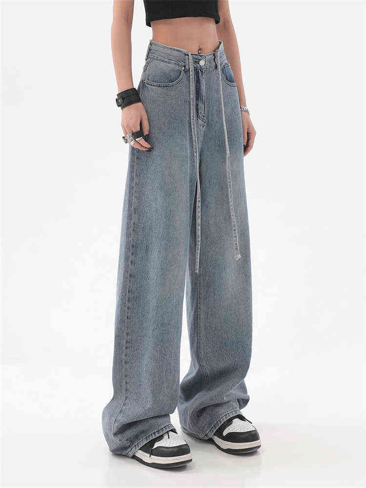 

Korean Style Y2k Blue Jeans Women 2022 Autumn New High Waist Design Feeling Bandage Wide Leg Pants Fashion Ins T220728