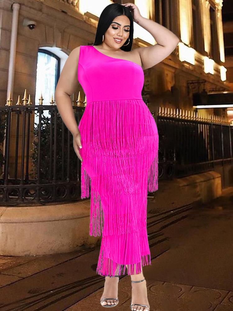 

Plus Size Dresses Elegant Chic Tassel Summer Sleevleess Evening Party Dress For Women Fashion One Shoulder Boacyon African DressPlus, Blue