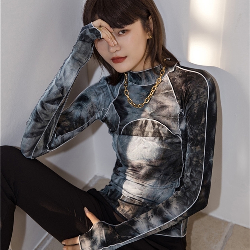 

CHEERART Tie Dye Grey Black Turtleneck Woman Tshirts Bodycon Long Sleeve Top Women Fall Fashion Tee Shirt Femme Clothing 220322, Beige
