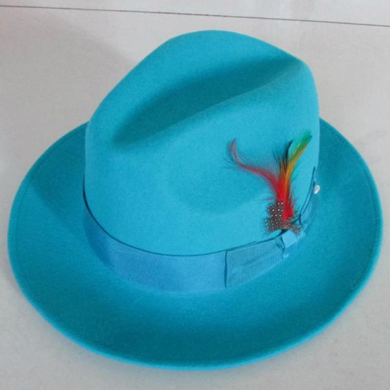 

Berets LIHUA Brand Fedora Hat For Men Wool Felt Stain-Resistant Crushable Trilby Handmade Stitching Bowknot Feather, Blue