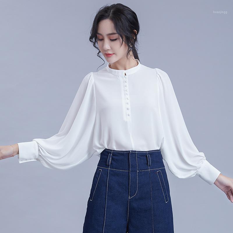 

Chiffon Blouses 2022 Feminine Blouse Sleeve Long Balloon Stand Collar Beads Korean Office Wear Top Women Spring 5028 Women' & Shirts