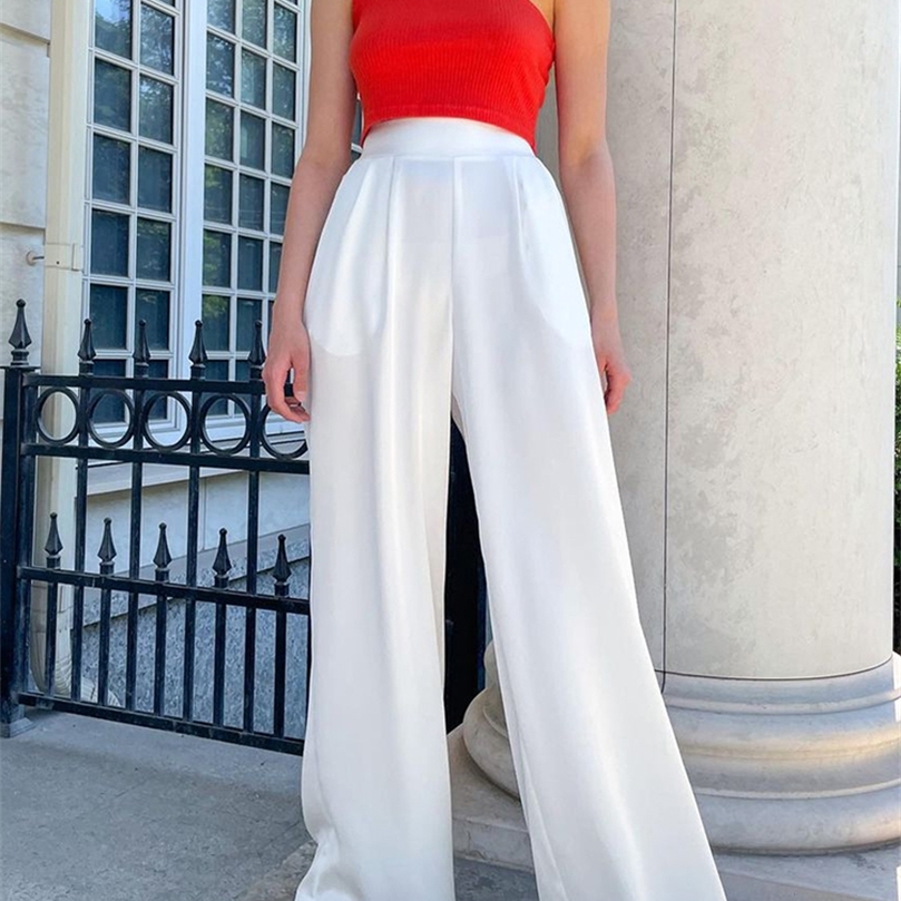 

Summer Womens Pants Wide Leg Loose Trousers High Waist Elegant Solid Color White Green Silk Satin Pants Women Casual 220704, Champagne