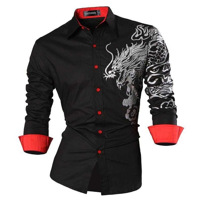 

Sportrendy Men's Shirt Dress Casual Long Sleeve Slim Fit Fashion Dragon Stylish JZS041 210701, Jzs041-black