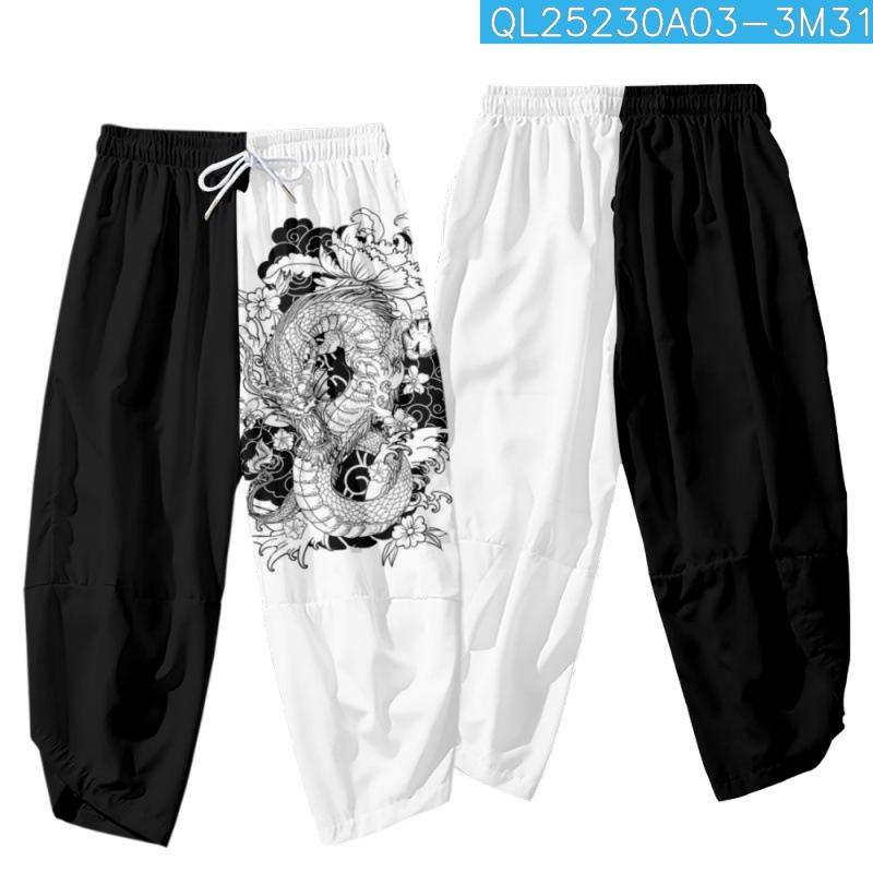 

Men's Pants Black White Splicing Dragon Flower Printed Men Japanese Harem Trousers Casual Elastic Waist Kimono Cropped StreetwearMen's, Style 1