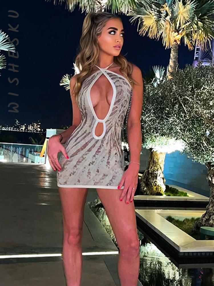 

Casual Dresses Sexy Cross Halter Cut Out Backless Mini Dress Women Print Sleeveless Bodycon Vestidos 2022 Summer Night Club Party ClothesCas, Light grey