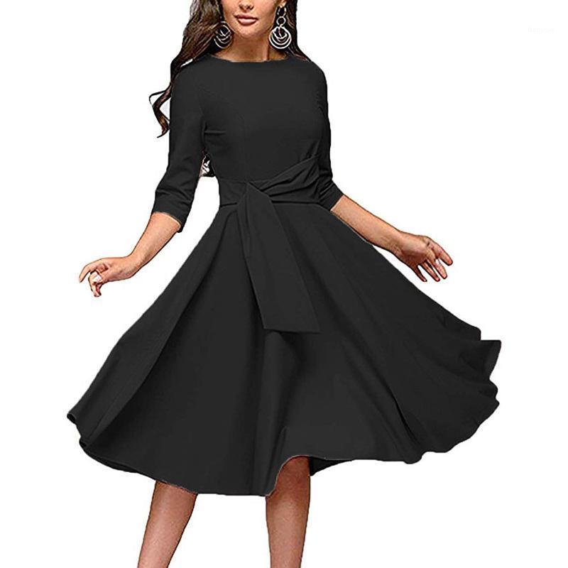 

Casual Dresses Women Elegance Ruched Midi Dress Round Neck 3/4 Sleeve Swing A-line Evening Party Solid Color High Waist Vestidos Robes, Pink