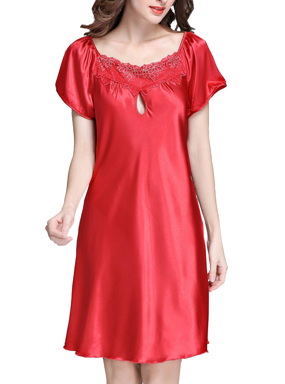 

Women Nightwear Sleepwear Imitated Silk Short Sleeve Negligee Nightdress Summer Cut Out Embroidery Tunic Elegant Plus Size Underwear Sleepshirts, Lotus root color