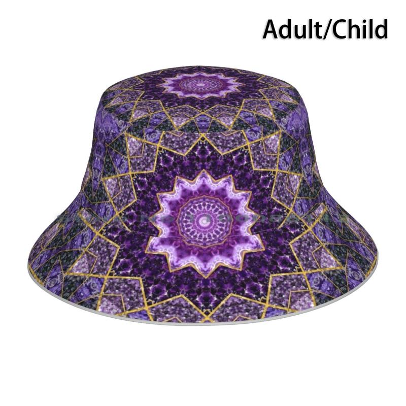 

Berets Amethyst And Gold Kaleidoscope Mandala Bucket Hat Sun Cap Spiritual Mineral Hinduism Zen Meditation, Adult knit hat