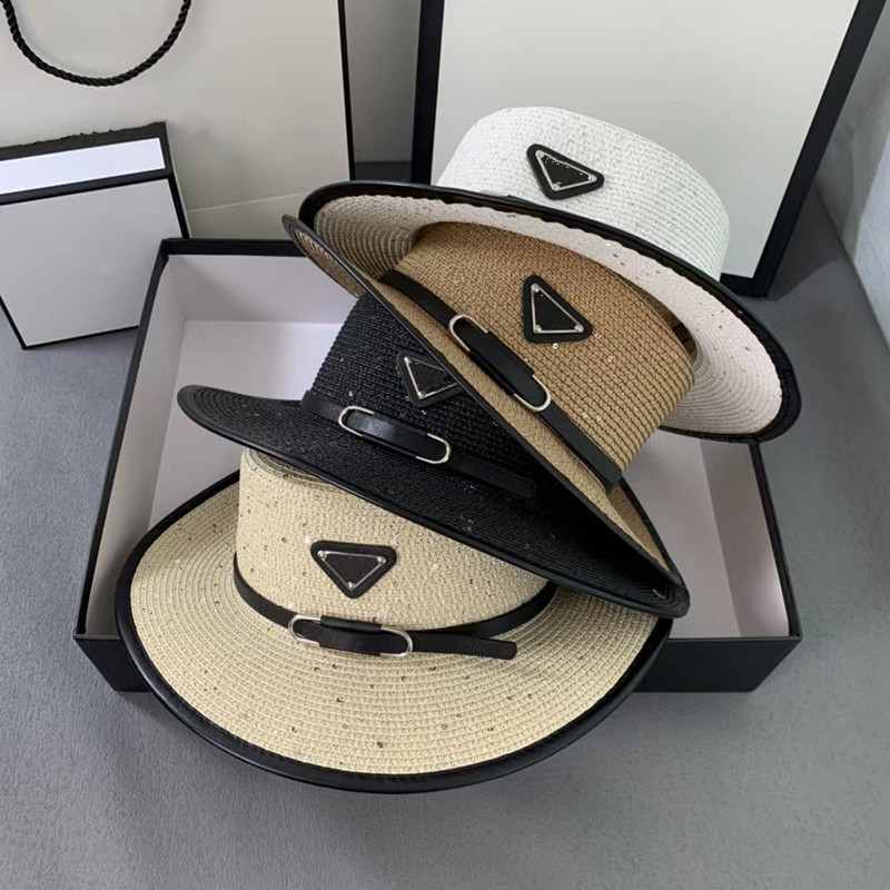 

Womens Designer Triangle Straw Hat Fashion Knitted Cap For Men Woman Wide Brim Hats Summer Bucket Outdoor Beach Hats 4 Style P059, Brown