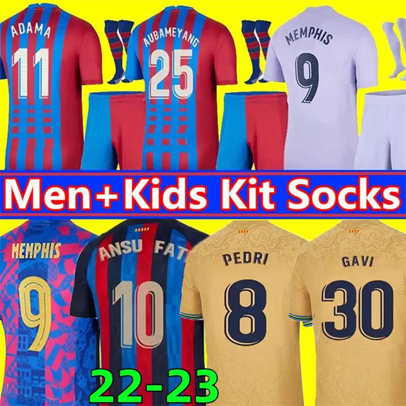 

21 22 23 Memphis Depay Jerseys GAVI 2022 2023 soccer camiseta de football TER STEGEN FC ANSU FATI F. DE JONG PEDRI R. Araujo FERRAN ADAMA Jersey shirt kids kit socks Wear, 22-23 away patch