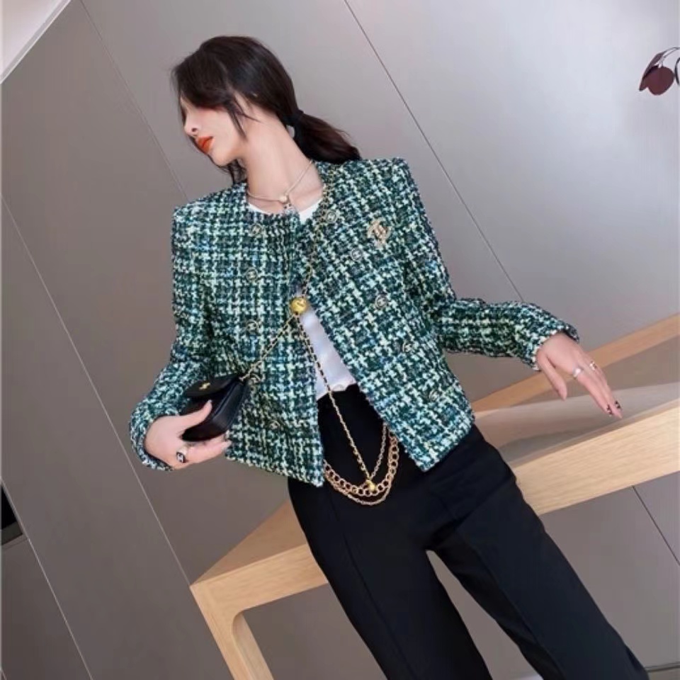 

m607 womens jackets brand spring new small fragrant wind rough flower nylon chain decoration woven coat for women jacket short jacket for women, Green