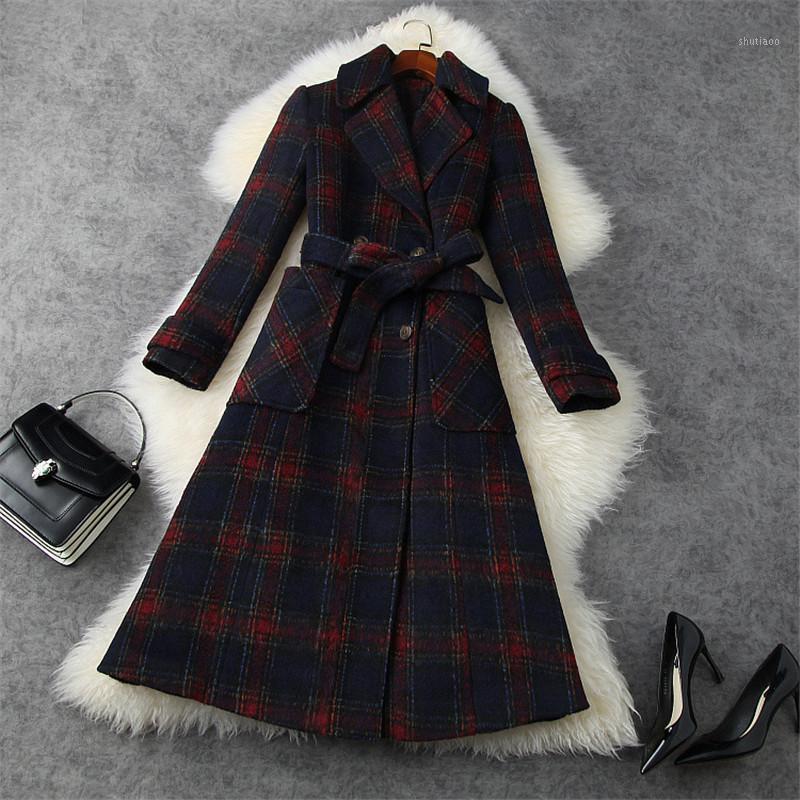 

Women' Wool & Blends British Style Fashion Plaid Women Winter Thick Warm Woolen Jackets And Coats Elegant Vintage Long Overcoat Outerwear, Dark blue