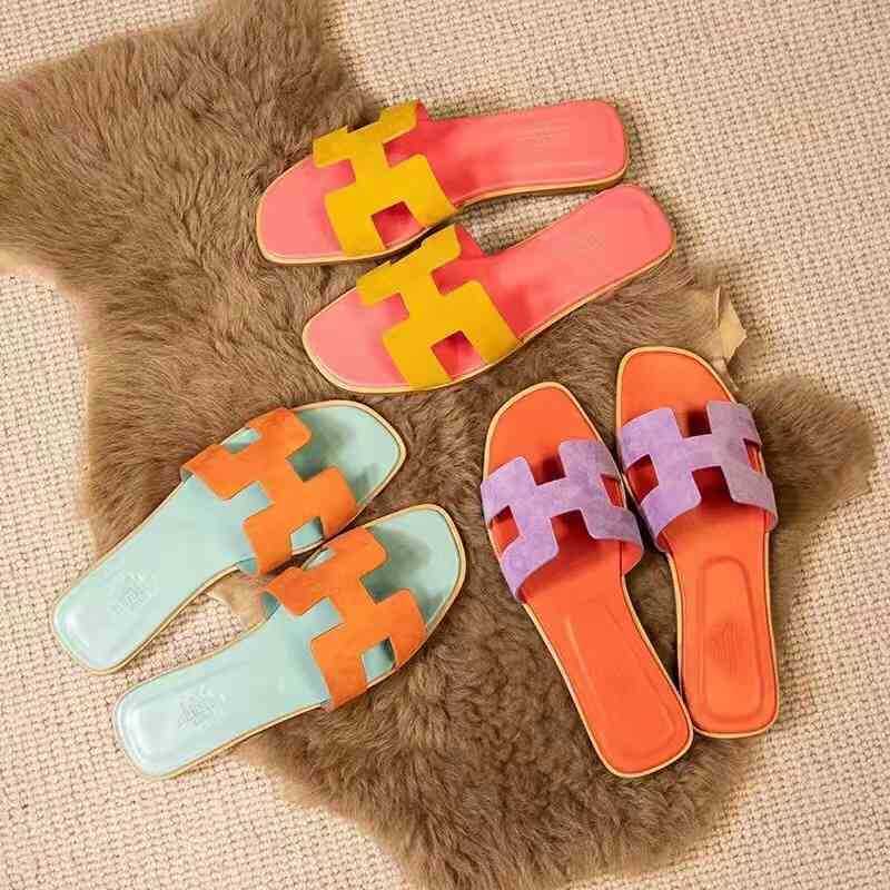 

slippers slides herme H sandals female 2022 new summer wear versatile flat bottom leather beach shoes, Brown