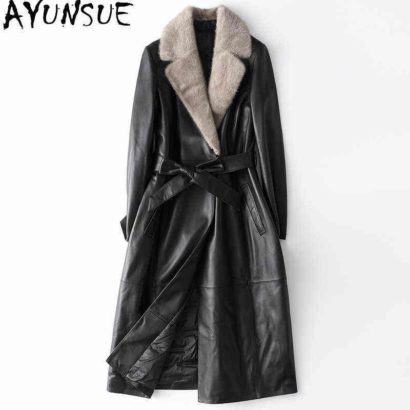 

Ayunsue Real Sheepskin Leather Coat Women Winter 2021 Real Mink Fur Collar Elegant Down Coat Female Casaco Feminino Gxy414 J220727, Black