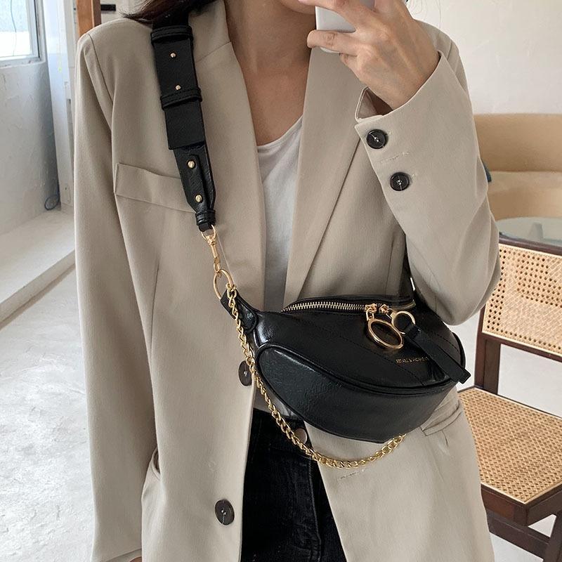 

Evening Bags Chain Leather Crossbody For Women Small Quality Shoulder Messenger Waist Bag Lady Casual Ring Zipper Handbags And PursesEvening, Black