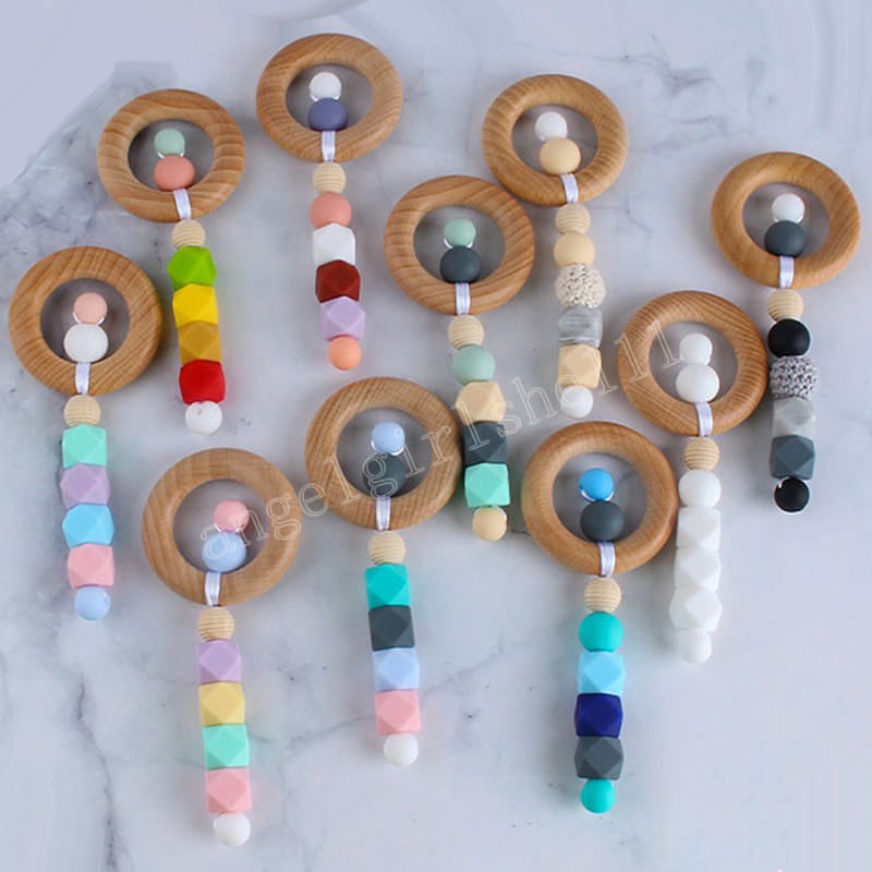 

DIY silicone baby Teethers pacifier holders Wooden Teething training Teether Ring Handmade Natural Infant Wood Ring Teethers