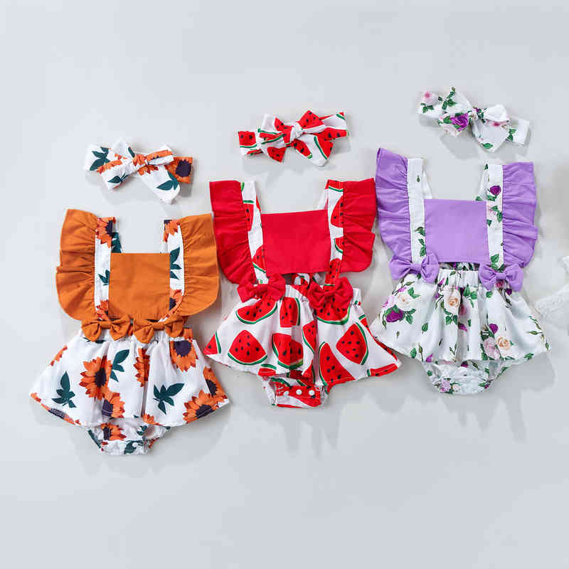 

Baby Girl Clothes Summer Flower Print Baby Ruffle Romper Jumpsuit Headband Casual Sleeveless Playsuit For Newborn J220525, Red