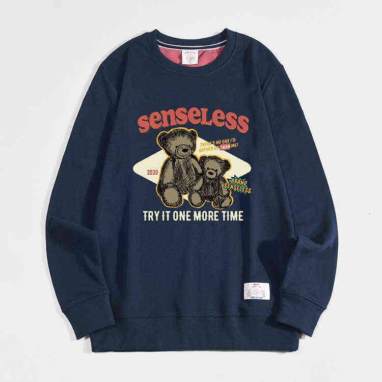 

Designer Men's Sweatshirt T-Shirt Autumn and Winter Sweater Men's Terry Cotton Thin Cartoon Bear Printed Couple's Top Loose Round Neck Pullover, W2606 black