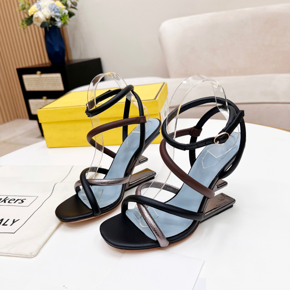

First sculpted high-heeled sandals high F heels open toe thin Double Twisted bands Ankle-strap lambskin leather sandal women luxury designer shoes factory footwear, Pink