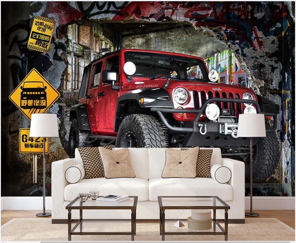 

3d wallpaper on the wall custom photo mural Red off-road car breaking the wall home decor living room 3D wall murals wallpapers for walls in rolls, Non-woven wallpaper