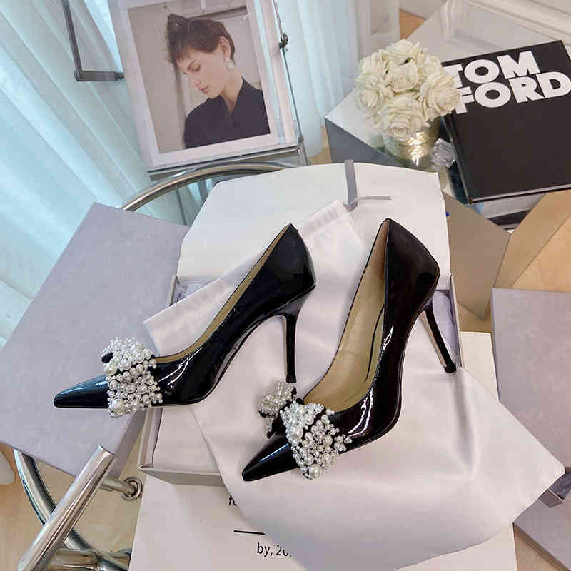 

Sandals Luxury Pearl Bow Pointed High Heels Designer Elegant Shallow Mouth Thin Heeled Sandals Women Shoes Pumps 220322, Black