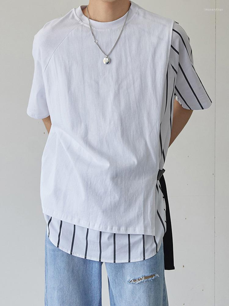 

Men' T-Shirts Men Irregular T Shirt Striped Patchwork Lace Up Short Sleeve Tee Tops 2022 Streetwear Korean Casual Clothing -5XLMen' Imon2, Black