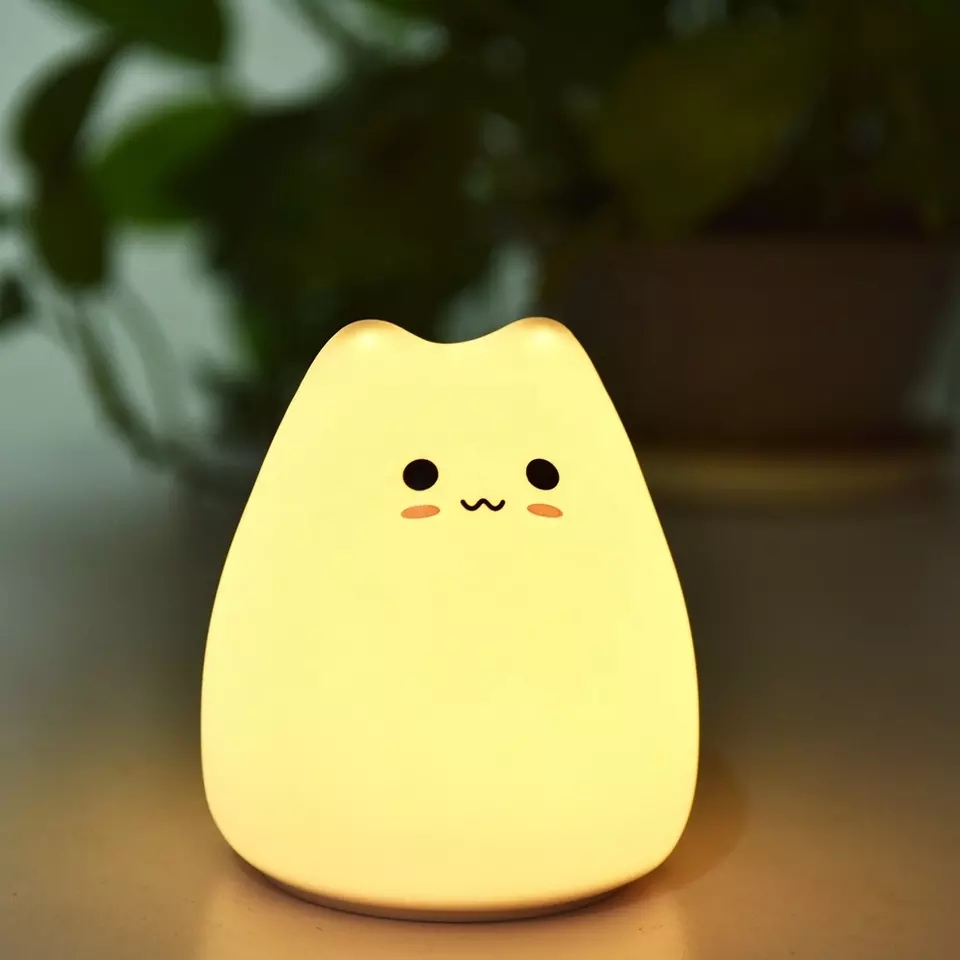 Nouvelles articles LED Light Soft Cat Silicone Baby Nursery Lampe Sensitive Tap Control 7 Couleurs Single Couleurs Lumière pour les enfants