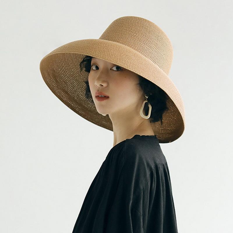 

Wide Brim Hats Vintage Hepburn Style Women's Summer Hat Sun Anti-ultraviolet Foldable Weave Straw Beach Outing Cap, D-navy
