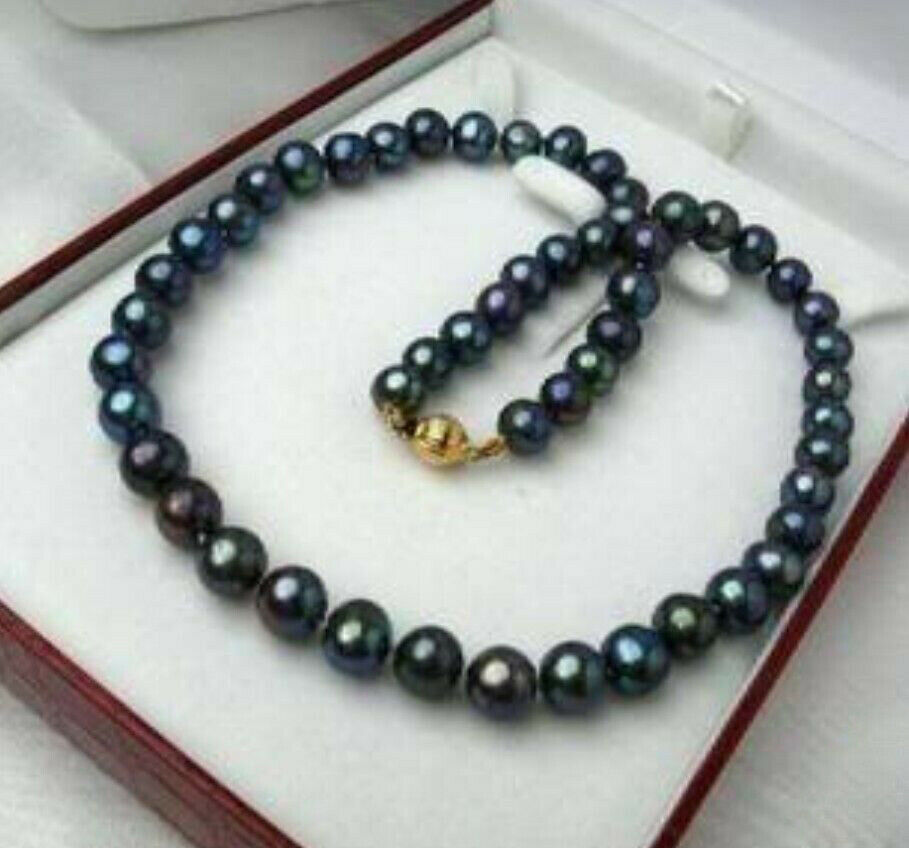 

Charming Natural 9-10mm Peacock Black Tahitian Cultured Pearl Necklace 16-25'' 14K