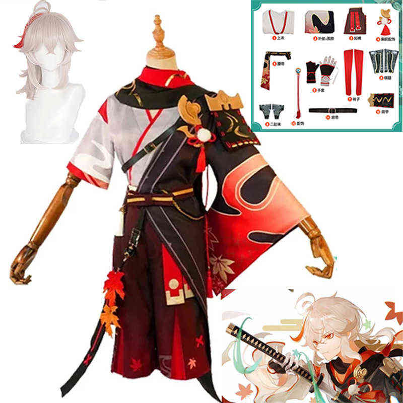 

Genshin Impact Kaedehara Kazuha Cosplay Costume Kimono Warrior Full Uniform Wig Halloween Costume Wig Red Glasses J220720