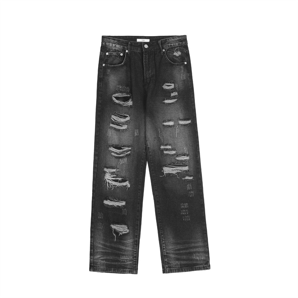 Men Ripped Jeans Black Men Straight Leg Hole Baggy High Quality Denim Pants Men's Trousers For Male