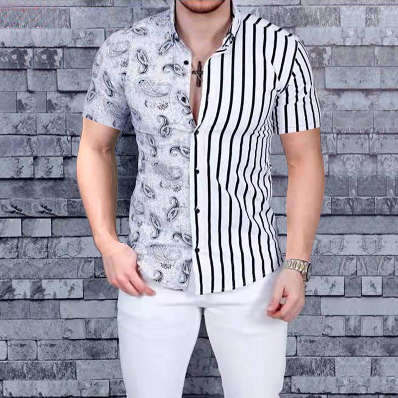 

Men's Casual Shirts Summer Men's Europe And America Printed Yin Yang Face Stripe Trend Shirt Short Sleeve PatchworMen's Eldd22, Black
