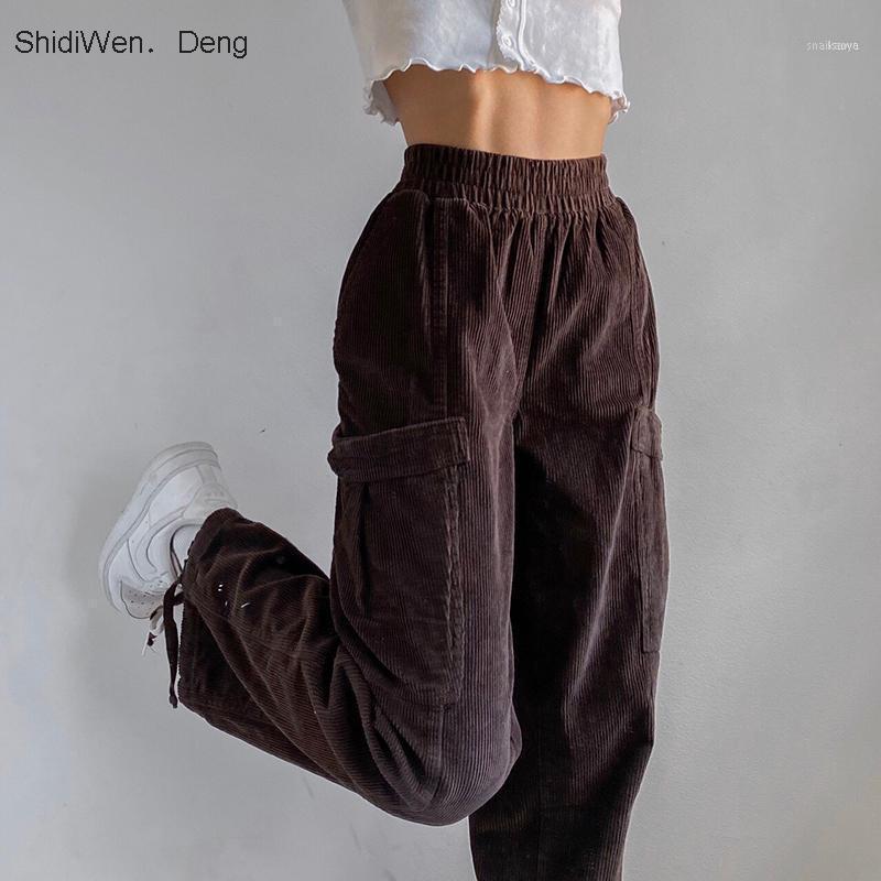 

Casual Loose Brown Corduroy Pants Women Elastic High Waisted Long Trousers Ladies Pocket Autumn Winter Joggers Female Women' & Capris