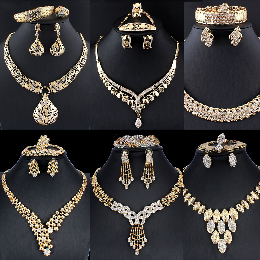 

African Wedding Jewelry Set Fashion Crystal Romantic Rhinestone Design Earrings Bracelet Necklace Ring For Party