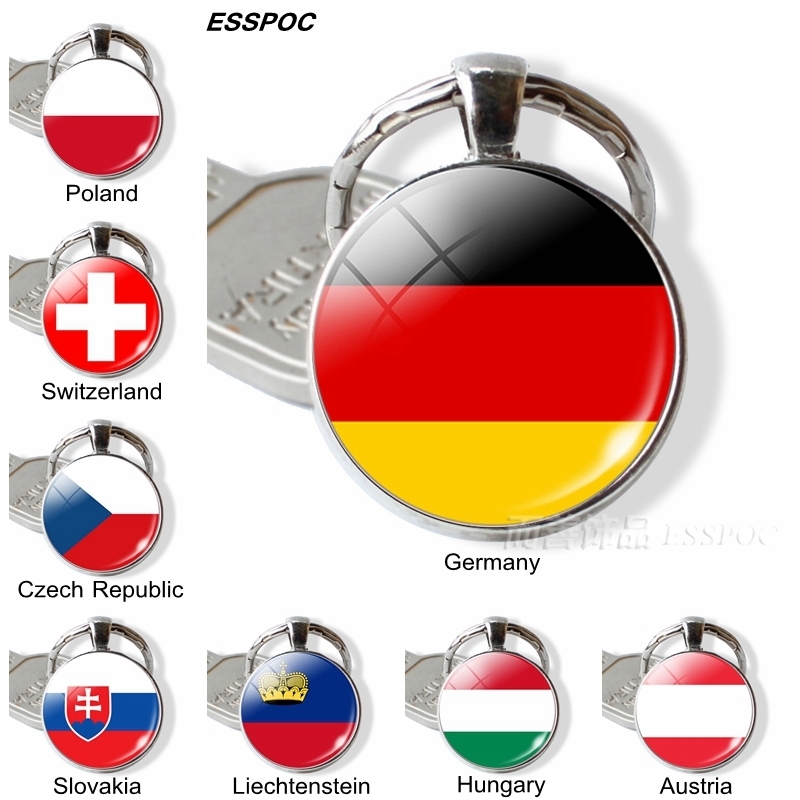 

Central Europe Countries Flag Keychain Germany Poland Switzerland Austria Hungary Flag Glass Cabochon Pendant Metal Keyring Gift
