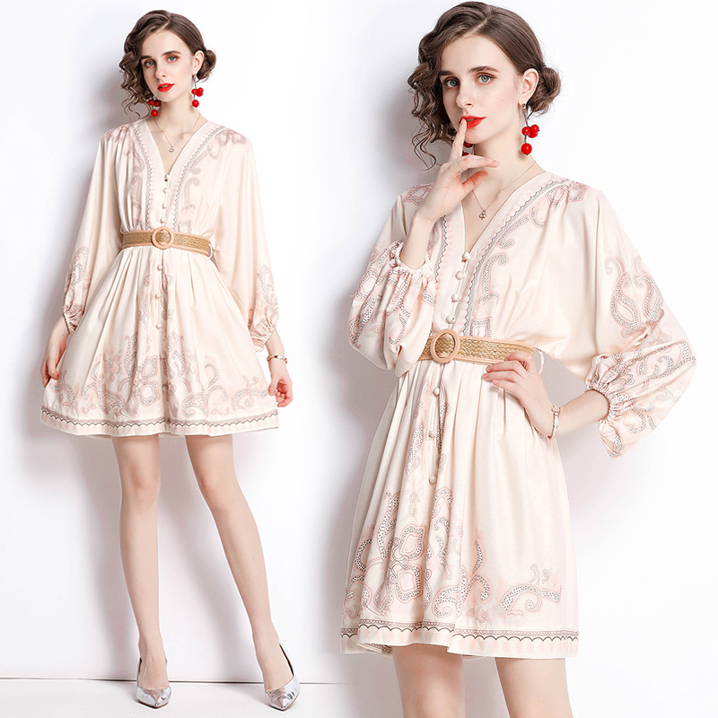 

Vintage Elegant Woman Designer Dresses Long Sleeve 2022 Sexy Slim V-Neck Holiday Party Runway Floral Dress Office Lady Spring Autumn Slim Pr, Champagne