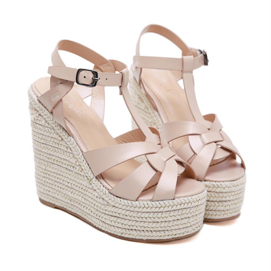 

-Fashion designer sandals ladies wedge sandals beige T strappy knitted straw woven platform shoes luxury women slides size278D, Black