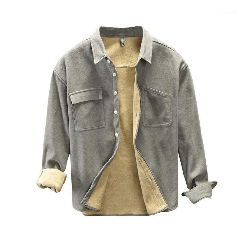 

Autumn Winter Shirts Men Fleece Lined Shirt Tops With Pockets Long Sleeve Brushed Fabric Warm Male Casual Men's, Gray