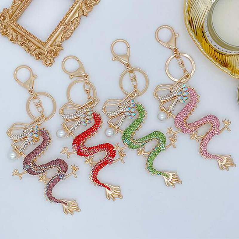 

JINGLANGRhinestones Dragon Charm Key Chains For Women Men Metal Zodiac Keychains Bag Car Key Ring Holder Gifts
