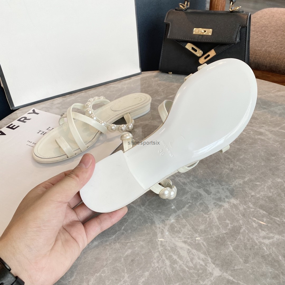 

High quality luxury women's 2021 spring and summer new Pearl clip slippers lambskin bow women's sandals size 35-40 0004, Black