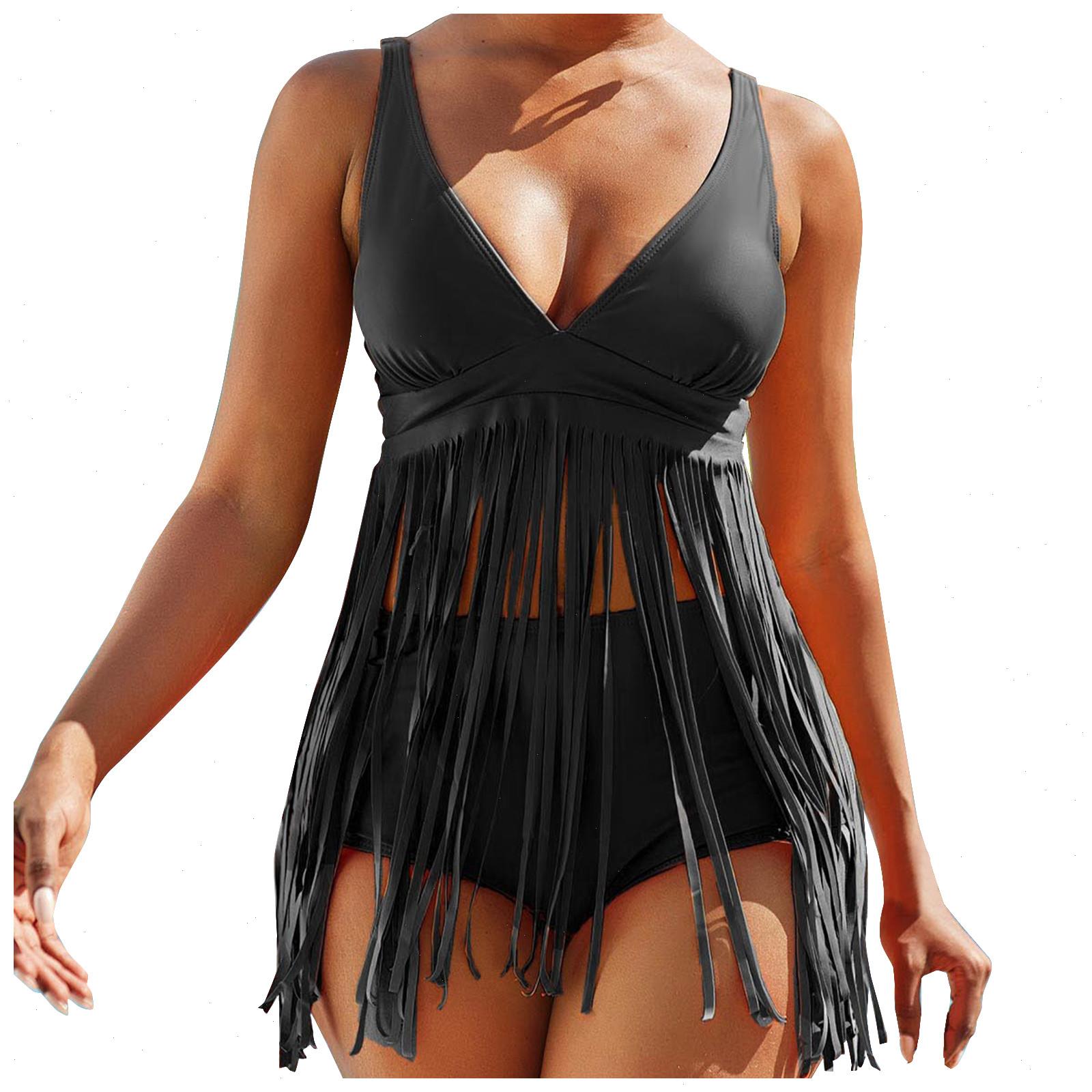 

Plus Size Bikini Set Tassel High Waist Swimsuit Female 2 Pieces Black Swimwear Beach Swimming Wear For Bathing Suit Xxl