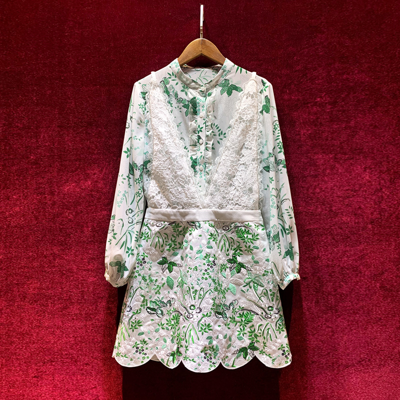 

European and American women's wear spring 2022 new Printed shirt long sleeves and standing collar Lace strap dress Fashion suits, Green