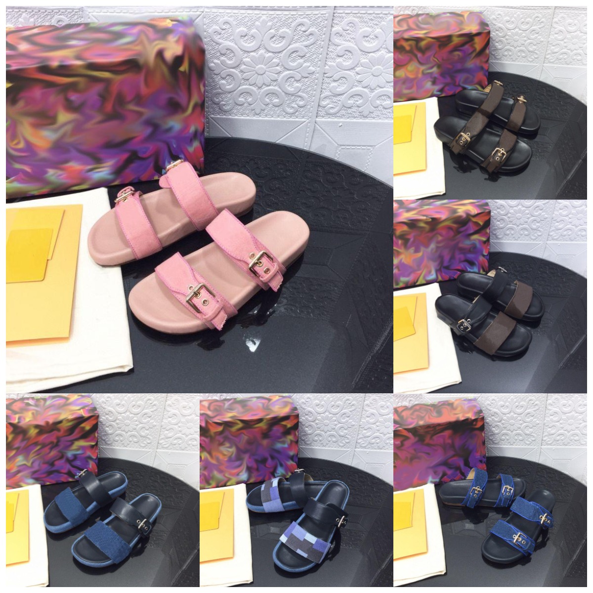 

Designer Women's Slippers Bom Dia Flat Mule Slippers Canvas Beach Sandals Rubber Bottom Summer Leather All Black Old Floral Slipper with box EU35-EU42 Six Color NO346, Sock