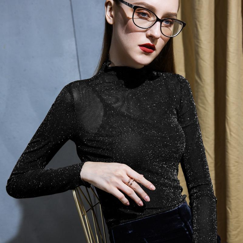 

Women' T-Shirt 2022 Fashion Spring And Autumn Womens Turtleneck Long Sleeve Net Yarn Bottoming Top With Wooden Ears, Black