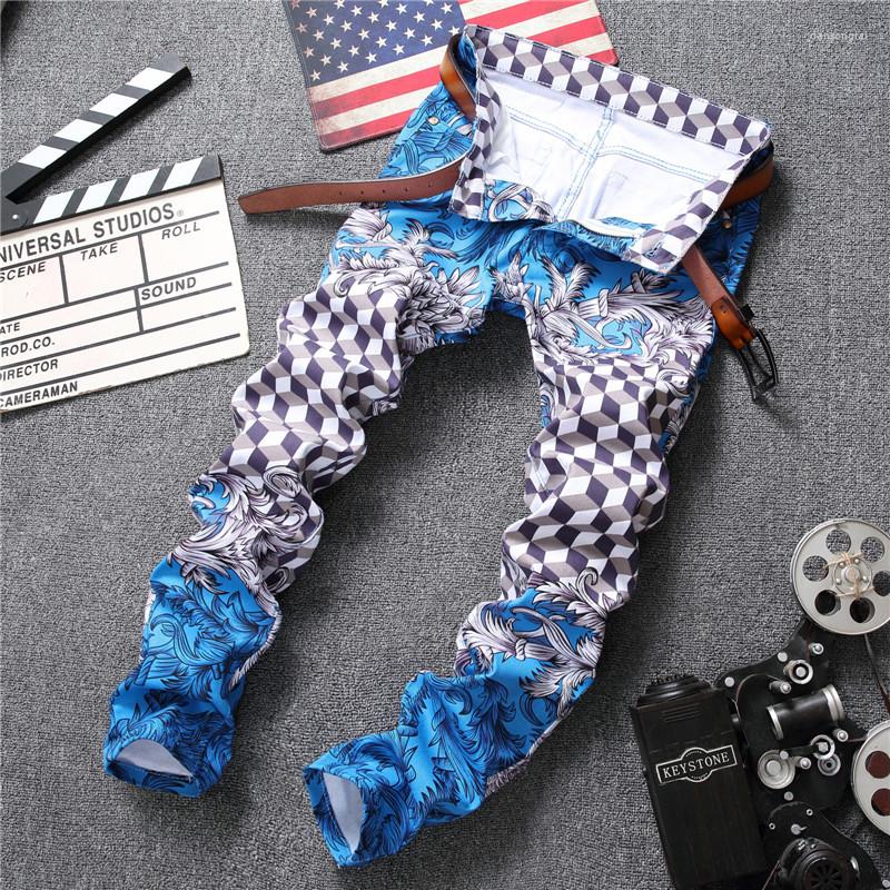 

Men's Jeans Spring And Autumn Men's Trousers Casual Simple Slim Fit Stretch Print Small Foot All-matchMen's, Blue
