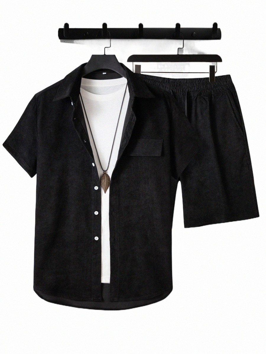 

men High Low Hem Corduroy Shirt & Drawstring Waist Shorts Without Tee F7cK#, Black