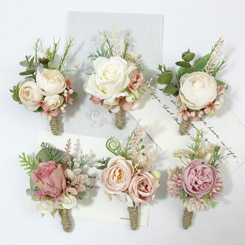 

4 Pcs Peony Flower Brides Wrist Corsage Wristlet Bridesmaid Ribbon Bracelet,Artificial Groomsman Men Boutonniere Set for Wedding Accessories Prom Suit Decoration, No.3-brooch