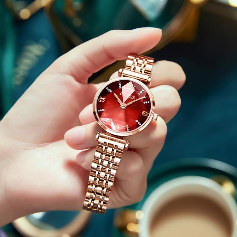 

Wristwatches Fashion Watch For Women Diamond Mirror Top Stainless Steel Waterproof Quartz Wristwatch Montre FemmeWristwatches WristwatcWrist, Red dial