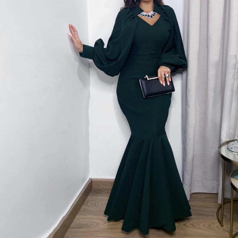 

Casual Dresses Elegant Women Long Party Puffy Sleeve V Neck Mermaid Slim Dress Classy Lady Fall Winter Celebrity Evening Night Outfits, Black;gray